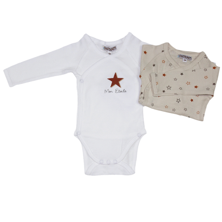 Lot 2 body b&eacute;b&eacute; pr&eacute;ma 45cm coton blanc beige imprim&eacute; Mon &eacute;toile