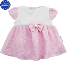 Robe b&eacute;b&eacute; fille en gaze coton rose layette et piqu&eacute; blanc