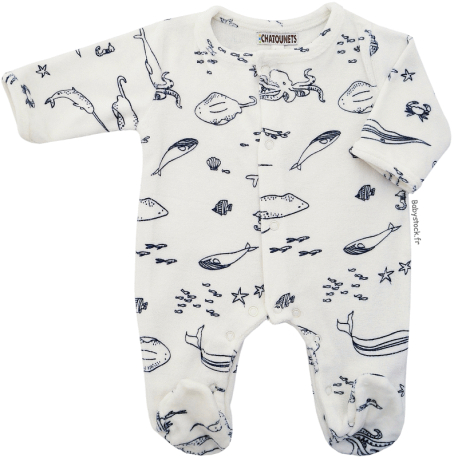 Pyjama b&eacute;b&eacute; pr&eacute;ma 46-47cm en velours &eacute;cru imprim&eacute; Oc&eacute;an marine