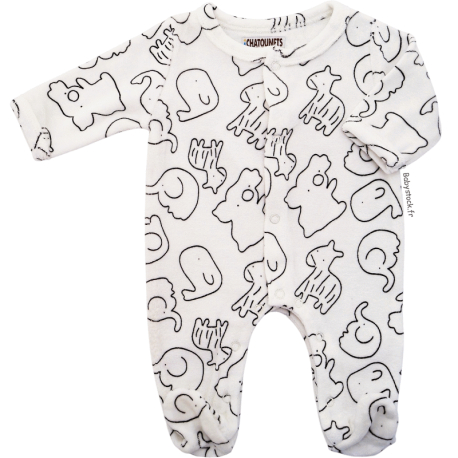 Pyjama dors bien b&eacute;b&eacute; mixte unisexe velours &eacute;cru imprim&eacute; Zoo noir