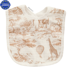 Bavoir b&eacute;b&eacute; en gaze coton blanc imprim&eacute; Safari en savane beige