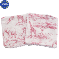 Lot 2 lingettes b&eacute;b&eacute; fille en gaze coton blanc imprim&eacute; Safari en Savane rose