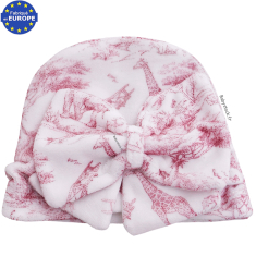 Bonnet b&eacute;b&eacute; fille avec n&oelig;ud en velours imprim&eacute; Safari rose