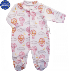 Pyjama b&eacute;b&eacute; fille en velours blanc imprim&eacute; Montgolfi&egrave;re rose