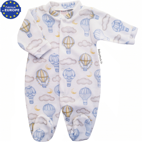 Pyjama b&eacute;b&eacute; gar&ccedil;on en velours blanc imprim&eacute; Montgolfi&egrave;re bleu