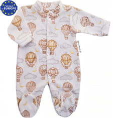 Pyjama b&eacute;b&eacute; mixte en velours blanc imprim&eacute; Montgolfi&egrave;re beige