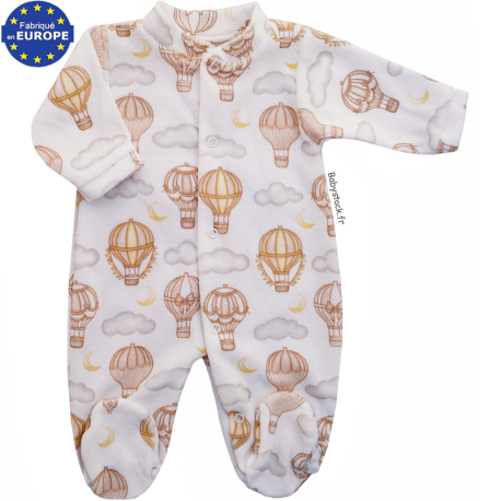 Pyjama b&eacute;b&eacute; mixte en velours blanc imprim&eacute; Montgolfi&egrave;re beige