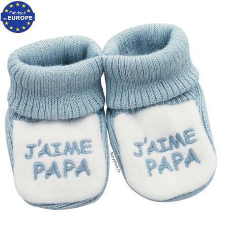 Chaussons b&eacute;b&eacute; mixte en maille brod&eacute;e J'aime PAPA vert sauge