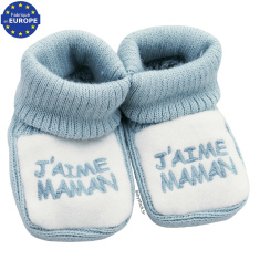 Chaussons b&eacute;b&eacute; mixte en maille brod&eacute;e J'aime MAMAN vert sauge