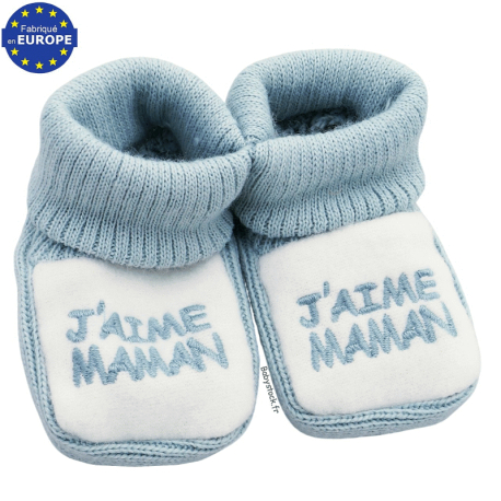 Chaussons b&eacute;b&eacute; mixte en maille brod&eacute;e J'aime MAMAN vert sauge
