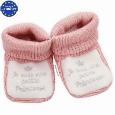Chaussons b&eacute;b&eacute; fille bois de rose brod&eacute; Je suis une petite Princesse