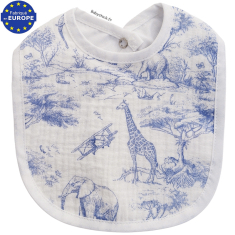 Bavoir b&eacute;b&eacute; gar&ccedil;on en gaze coton imprim&eacute; Safari en savane bleu