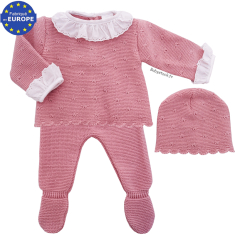 Ensemble b&eacute;b&eacute; fille 3 pi&egrave;ces maille bois de rose et volants dentelle