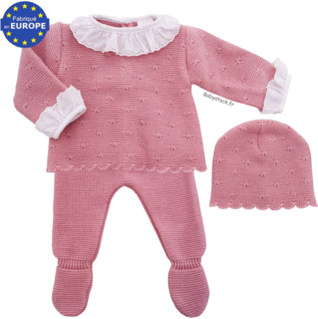 Ensemble b&eacute;b&eacute; fille 3 pi&egrave;ces maille bois de rose et volants dentelle
