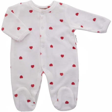 Pyjama b&eacute;b&eacute; mixte unisexe velours blanc imprim&eacute; c&oelig;urs rouges