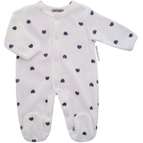 Pyjama dors bien b&eacute;b&eacute; mixte velours blanc imprim&eacute; c&oelig;urs marines