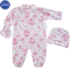 Ensemble fille pyjama bonnet moufles velours blanc fleurs roses
