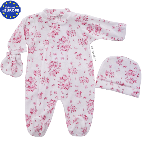 Ensemble fille pyjama bonnet moufles velours blanc fleurs roses