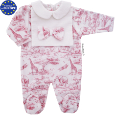 Pyjama b&eacute;b&eacute; fille en velours blanc imprim&eacute; Safari en savane rose