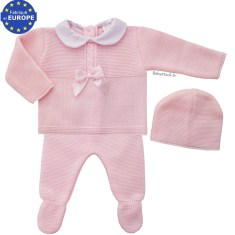 Ensemble b&eacute;b&eacute; fille 3 pi&egrave;ces en maille rose et n&oelig;ud satin