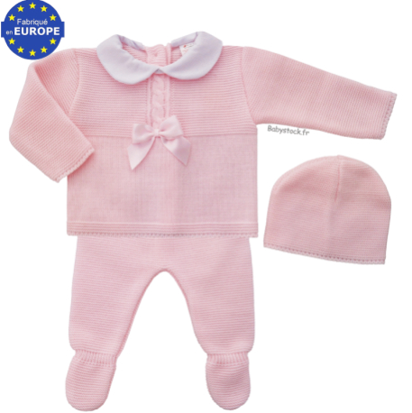 Ensemble b&eacute;b&eacute; fille 3 pi&egrave;ces en maille rose et n&oelig;ud satin