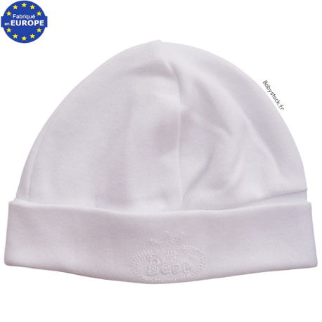 Bonnet naissance en jersey coton blanc brod&eacute; B&eacute;b&eacute;