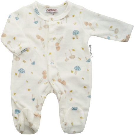 Pyjama b&eacute;b&eacute; pr&eacute;ma 46-47cm en velours &eacute;cru imprim&eacute; Champignons
