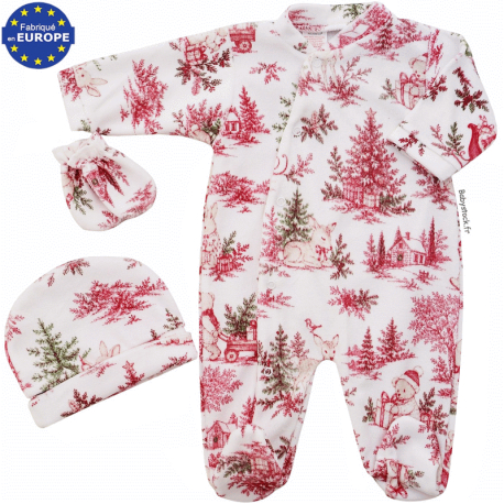 Ensemble mixte pyjama bonnet moufles velours blanc imprim&eacute; No&euml;l