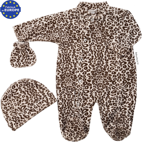 Ensemble mixte pyjama bonnet moufles en velours imprim&eacute; L&eacute;opard
