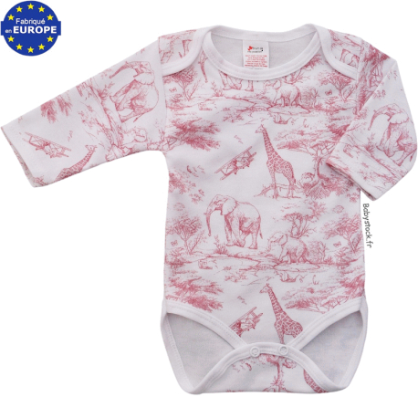 Body b&eacute;b&eacute; US en jersey coton blanc imprim&eacute; Safari en savane rose