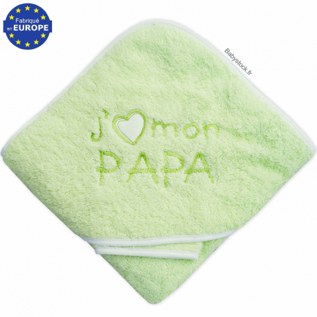 Cape de bain bébé éponge vert anis brodée J'aime mon Papa