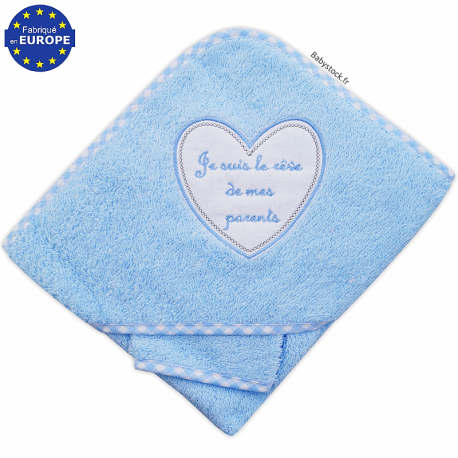 Cape de bain en &eacute;ponge Je suis le r&ecirc;ve de mes parents bleu
