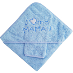 Cape de bain en éponge bleu brodé J'aime ma Maman