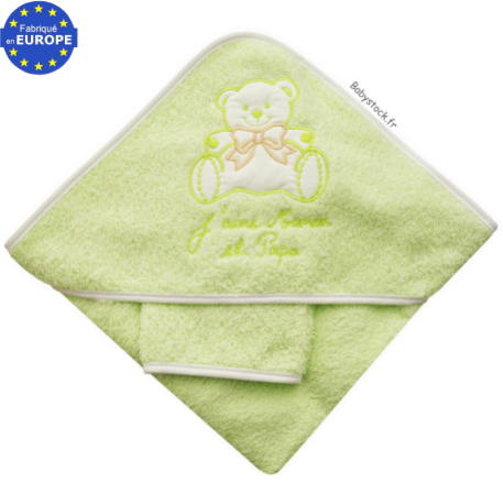 Sortie de bain bébé en éponge anis J'aime Maman et Papa